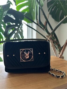 PLAYBOY Black Quilted Velvet Crossbody with Rose Gold Emblem